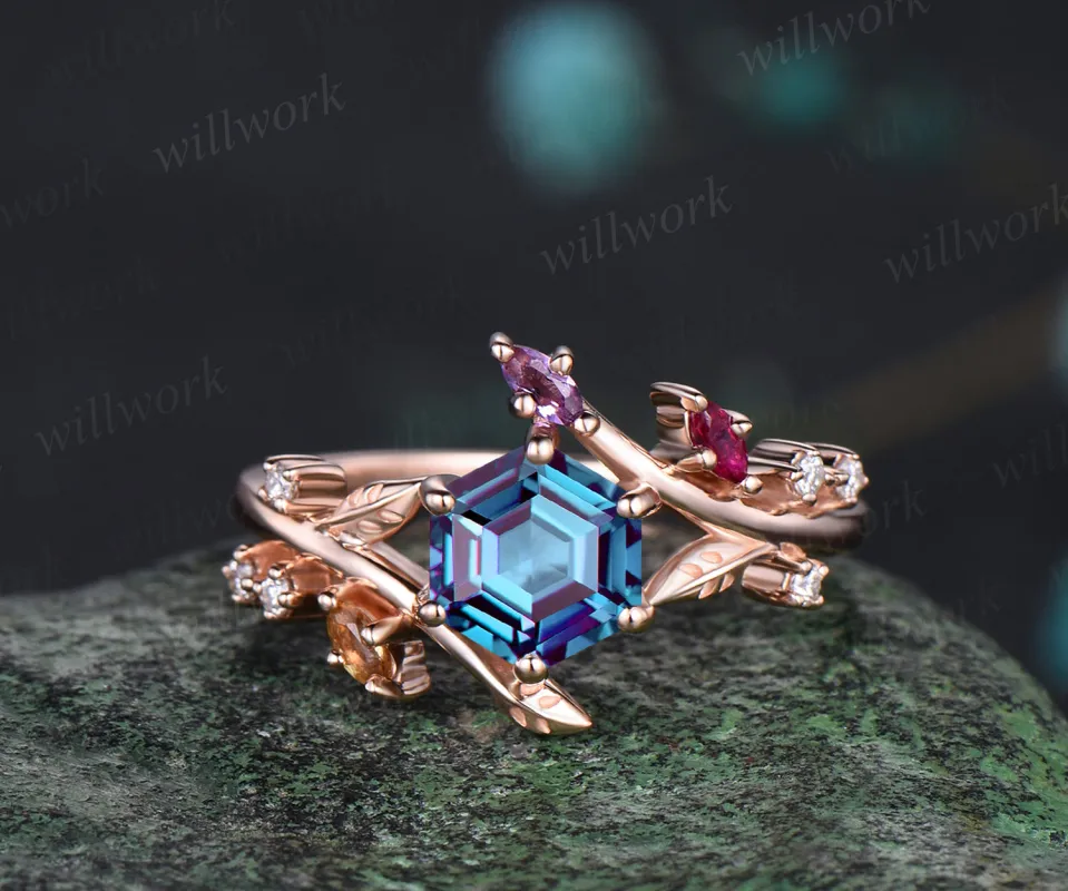 Unique Hexagonal Ring Vine Wrapped Alexandrite Ring 14k Rose Gold Engagement Ring Christmas Gift Anniversary Gift Ring sold by Willwork Jewelry