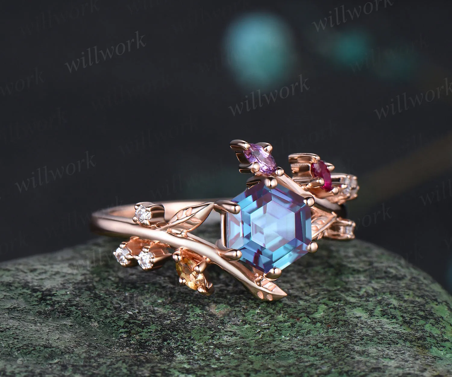 Unique Hexagonal Ring Vine Wrapped Alexandrite Ring 14k Rose Gold Engagement Ring Christmas Gift Anniversary Gift Ring sold by Willwork Jewelry product image thumbnail 4