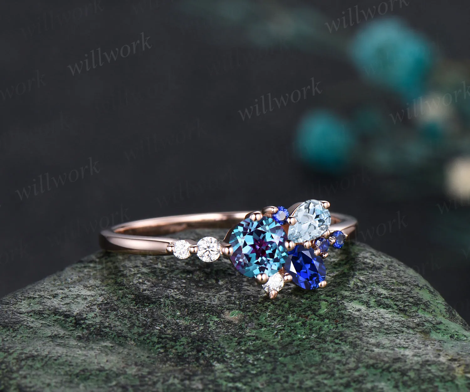 14K Gold Mixed Stone round cut Cluster Ring Christmas Ring Blue Sapphire Ring Alexandrite Anniversary Ring Blue Topaz Engagement Ring for anniversary sold by Willwork Jewelry product image thumbnail 3