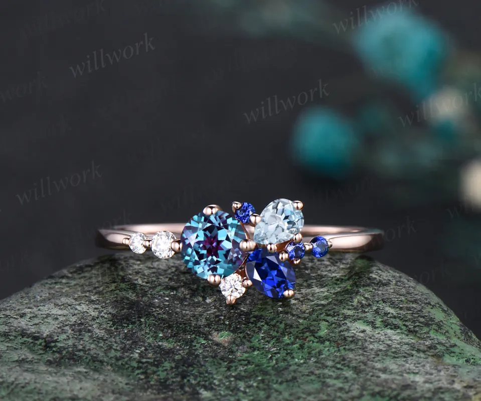 14K Gold Mixed Stone round cut Cluster Ring Christmas Ring Blue Sapphire Ring Alexandrite Anniversary Ring Blue Topaz Engagement Ring for anniversary sold by Willwork Jewelry