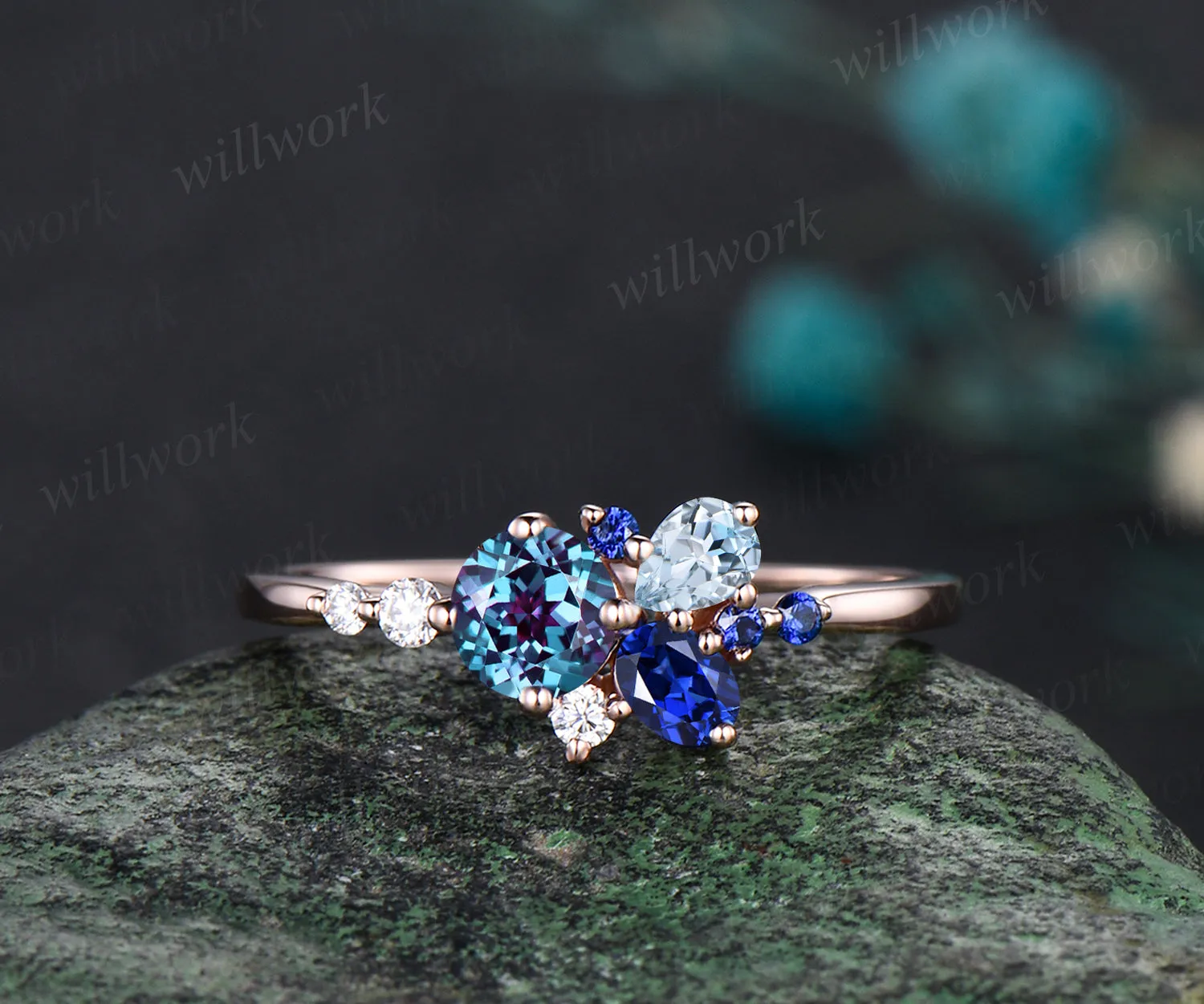 14K Gold Mixed Stone round cut Cluster Ring Christmas Ring Blue Sapphire Ring Alexandrite Anniversary Ring Blue Topaz Engagement Ring for anniversary sold by Willwork Jewelry