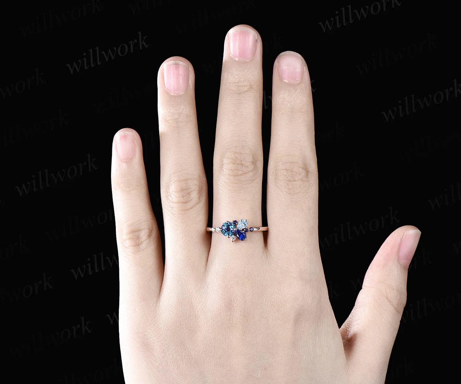 14K Gold Mixed Stone round cut Cluster Ring Christmas Ring Blue Sapphire Ring Alexandrite Anniversary Ring Blue Topaz Engagement Ring for anniversary sold by Willwork Jewelry product image thumbnail 4