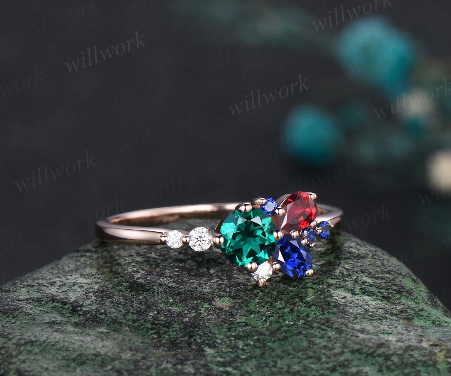 14K Gold Mixed Stone round cut Cluster Ring Christmas Ring Blue Sapphire Ring Ruby Anniversary Ring EmeraldEngagement Ring for anniversary sold by Willwork Jewelry product image thumbnail 4