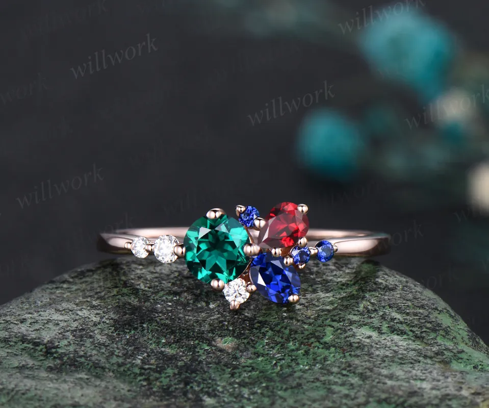 14K Gold Mixed Stone round cut Cluster Ring Christmas Ring Blue Sapphire Ring Ruby Anniversary Ring EmeraldEngagement Ring for anniversary sold by Willwork Jewelry
