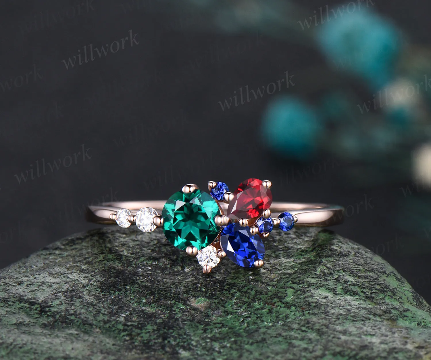 14K Gold Mixed Stone round cut Cluster Ring Christmas Ring Blue Sapphire Ring Ruby Anniversary Ring EmeraldEngagement Ring for anniversary sold by Willwork Jewelry