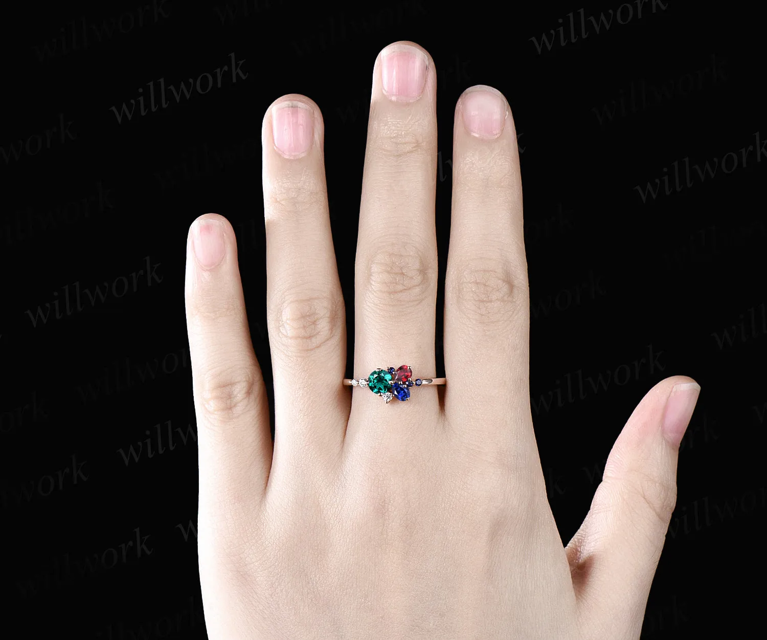 14K Gold Mixed Stone round cut Cluster Ring Christmas Ring Blue Sapphire Ring Ruby Anniversary Ring EmeraldEngagement Ring for anniversary sold by Willwork Jewelry product image thumbnail 2
