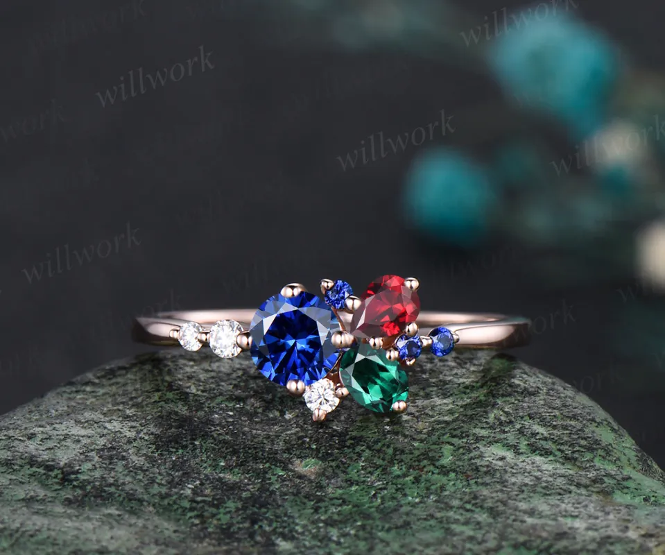 14K Gold Multi- Birthstone Cluster Ring Emerald Ring Ruby Anniversary Ring Blue Sapphire Engagement Ring for anniversary made by Willwork Jewelry