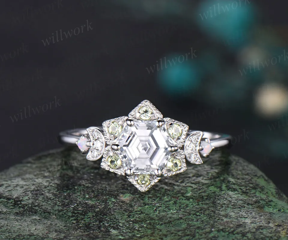 Vintage Hexagon moissanite engagement ring Unique 14K white Gold Floral moissanite Halo Wedding Promise Ring Natural Peridot Anniversary Ring sold by Willwork Jewelry