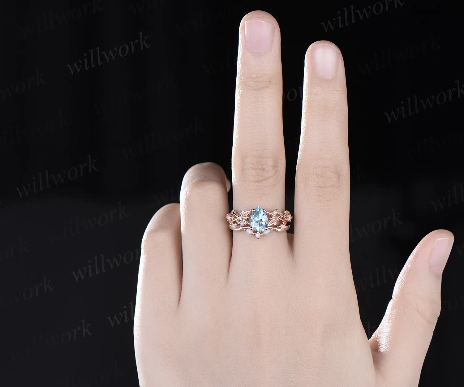 Pear shaped aquamarine engagement ring solid 14k rose gold leaf nature inspired opal ring women antique bridal wedding ring set jewelry sold by Willwork Jewelry product image thumbnail 2