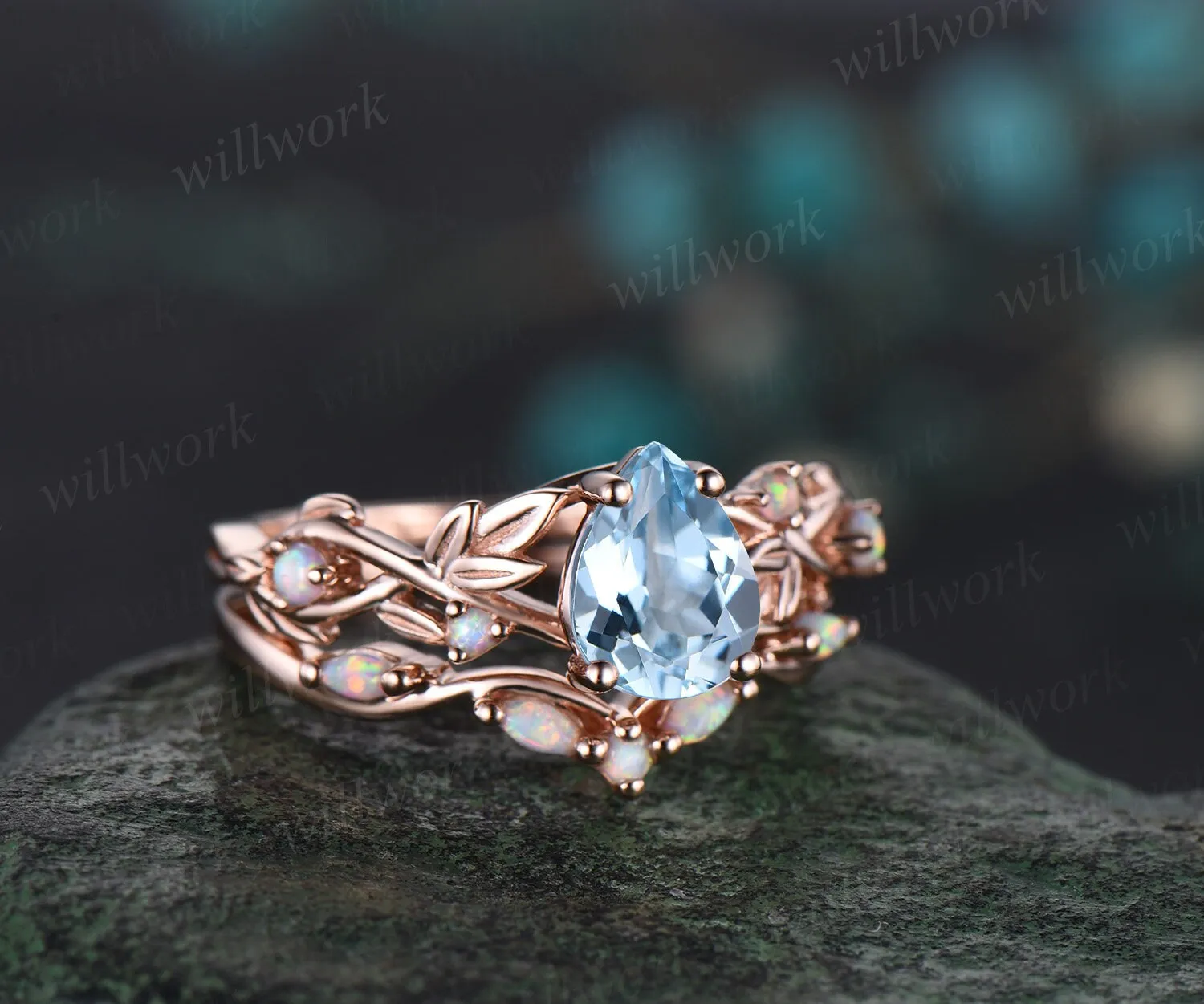 Pear shaped aquamarine engagement ring solid 14k rose gold leaf nature inspired opal ring women antique bridal wedding ring set jewelry sold by Willwork Jewelry product image thumbnail 3