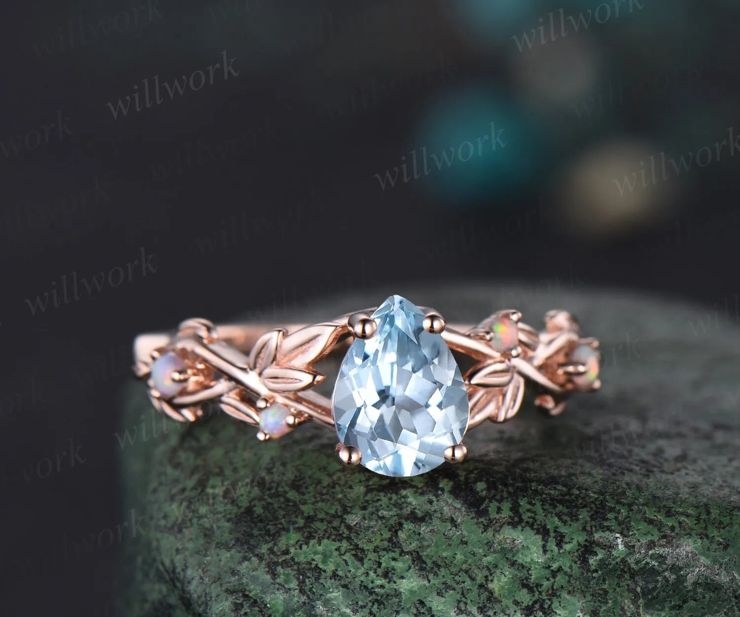 Pear shaped aquamarine engagement ring solid 14k rose gold leaf nature inspired opal ring women antique bridal wedding ring set jewelry sold by Willwork Jewelry product image thumbnail 4