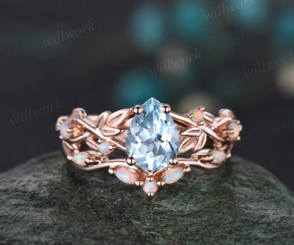 Pear shaped aquamarine engagement ring solid 14k rose gold leaf nature inspired opal ring women antique bridal wedding ring set jewelry made by Willwork Jewelry