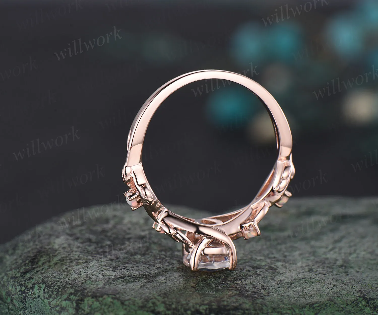 Pear shaped aquamarine engagement ring solid 14k rose gold leaf nature inspired opal ring women antique bridal wedding ring set jewelry sold by Willwork Jewelry product image thumbnail 5