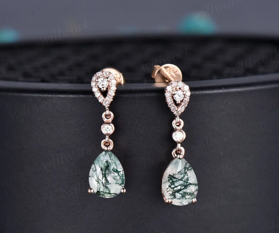 Vintage pear shaped green moss agate earrings solid 14k rose gold halo diamond drop earrings women dainty anniversary gift for her sold by Willwork Jewelry