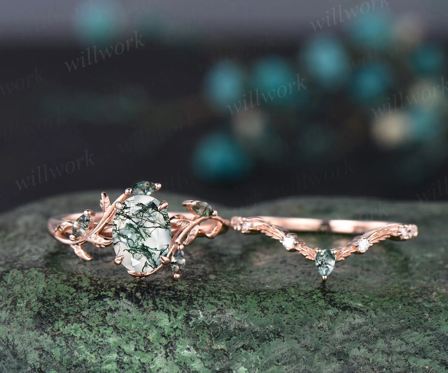 Vintage oval cut green moss agate engagement ring rose gold art deco cluster leaf nature inspired bridal promise wedding ring set women sold by Willwork Jewelry product image thumbnail 3