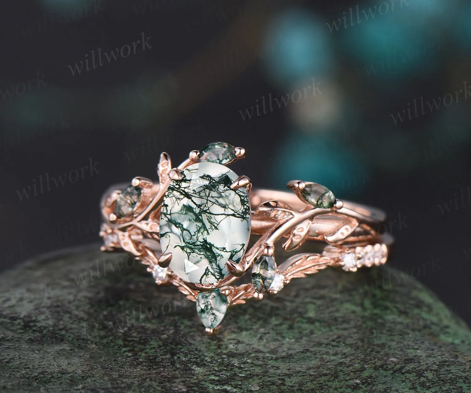 Vintage oval cut green moss agate engagement ring rose gold art deco cluster leaf nature inspired bridal promise wedding ring set women sold by Willwork Jewelry product image thumbnail 5