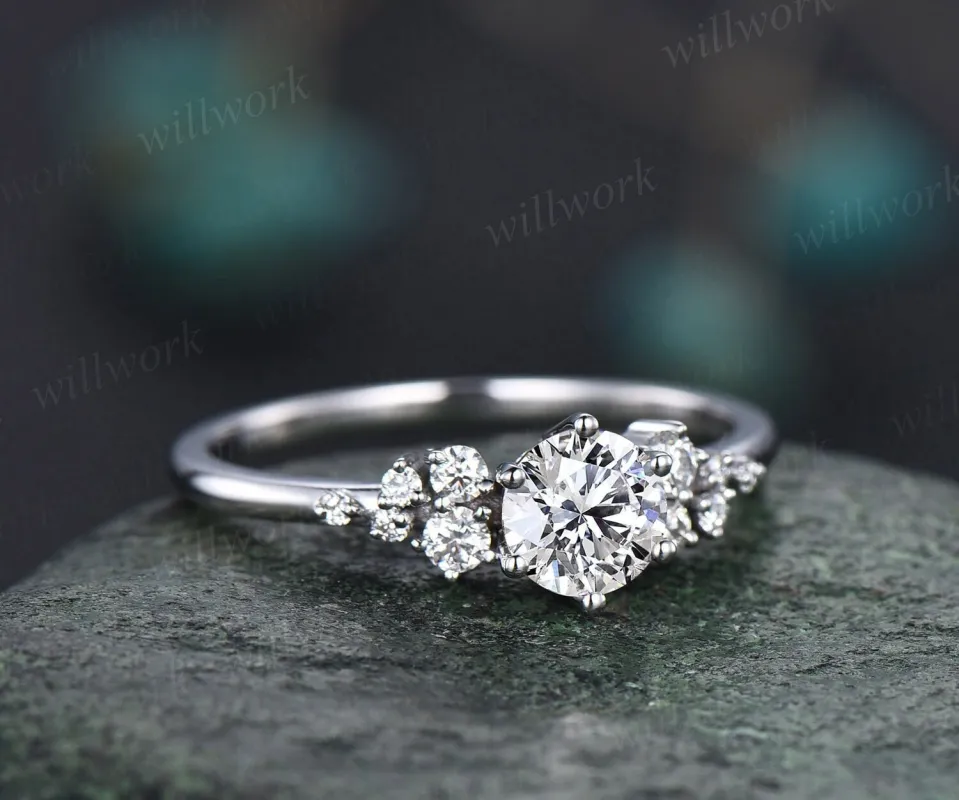 Unique round cut IGI Lab grown diamond engagement ring solid 14k white gold 6 prong cluster snowdrift diamond promise wedding ring women gift made by Willwork Jewelry
