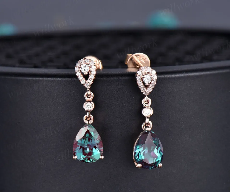 Vintage pear cut alexandrite earrings solid 14k rose gold halo diamond drop earrings women June birthstone dainty anniversary gift for her sold by Willwork Jewelry