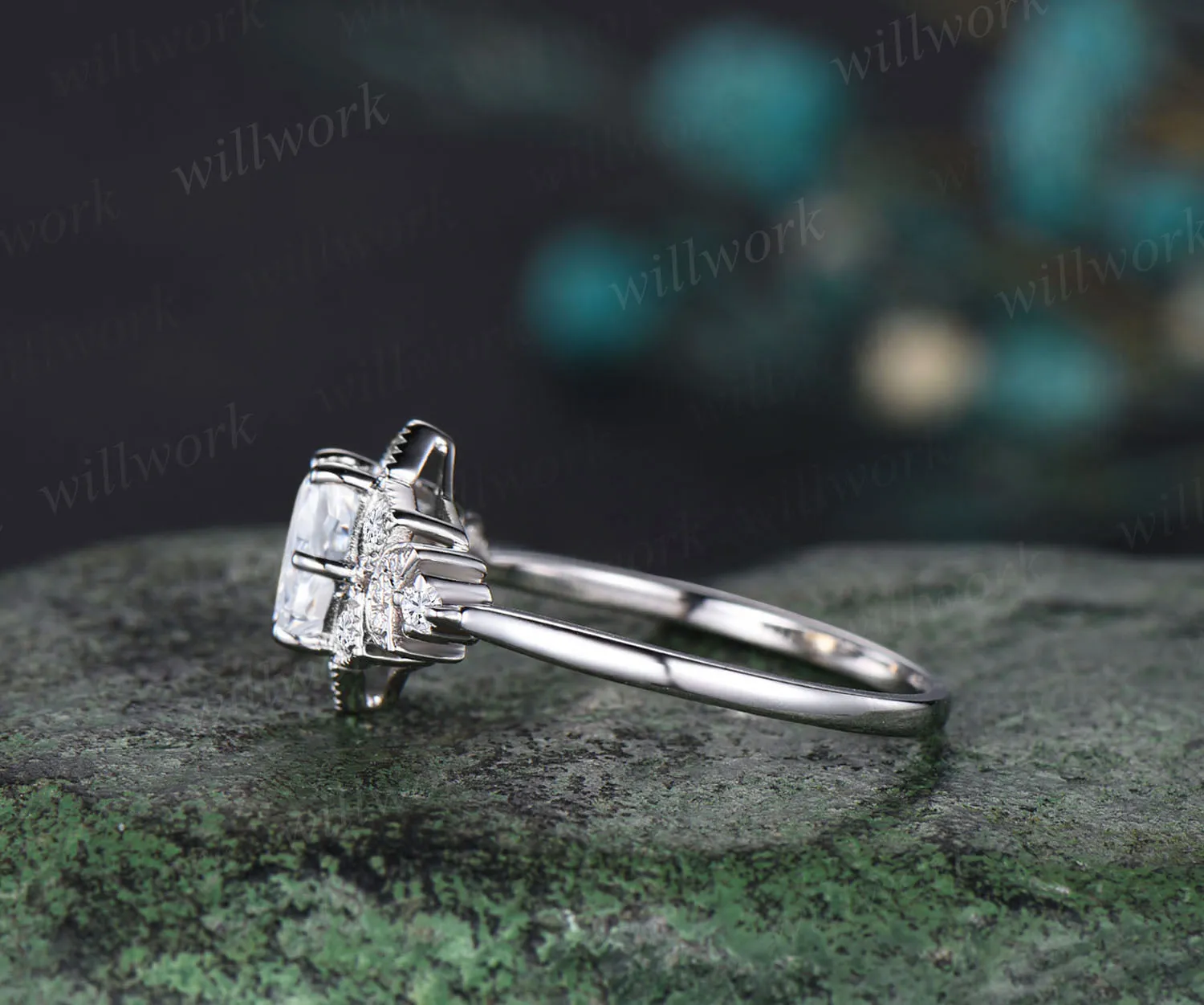 Vintage Hexagon moissanite engagement ring Unique 14K white Gold Floral moissanite Halo Wedding Promise Ring moissanite Anniversary Ring sold by Willwork Jewelry product image thumbnail 3