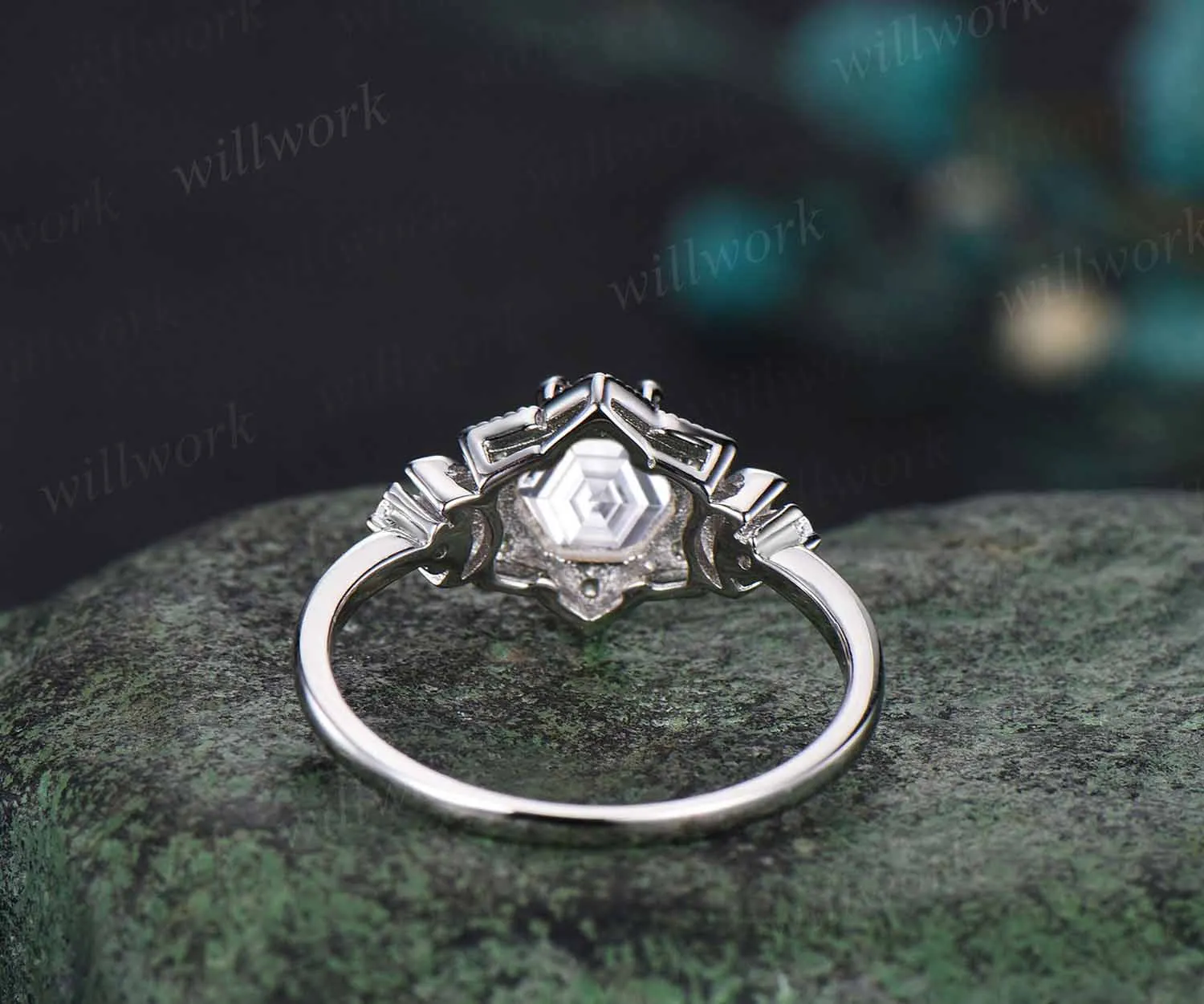 Vintage Hexagon moissanite engagement ring Unique 14K white Gold Floral moissanite Halo Wedding Promise Ring moissanite Anniversary Ring sold by Willwork Jewelry product image thumbnail 4