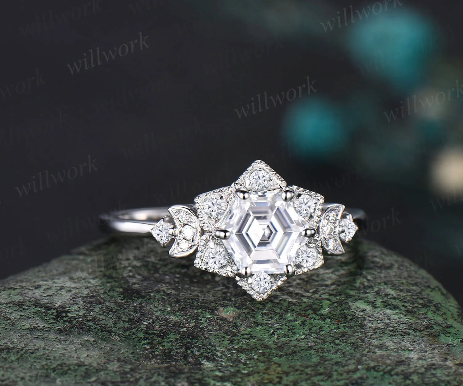 Vintage Hexagon moissanite engagement ring Unique 14K white Gold Floral moissanite Halo Wedding Promise Ring moissanite Anniversary Ring sold by Willwork Jewelry product image thumbnail 5