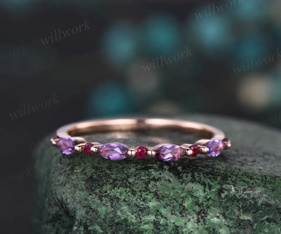 Natural red ruby Marquise cut amethyst wedding band solid 14k rose gold dainty stacking matching anniversary ring women gift sold by Willwork Jewelry