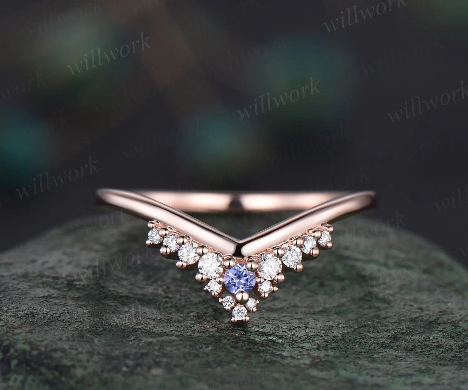 Curved snowdrift Tanzanite diamond wedding band white gold Minimalist moissanite wedding ring band stacking bridal anniversary ring women sold by Willwork Jewelry product image thumbnail 4