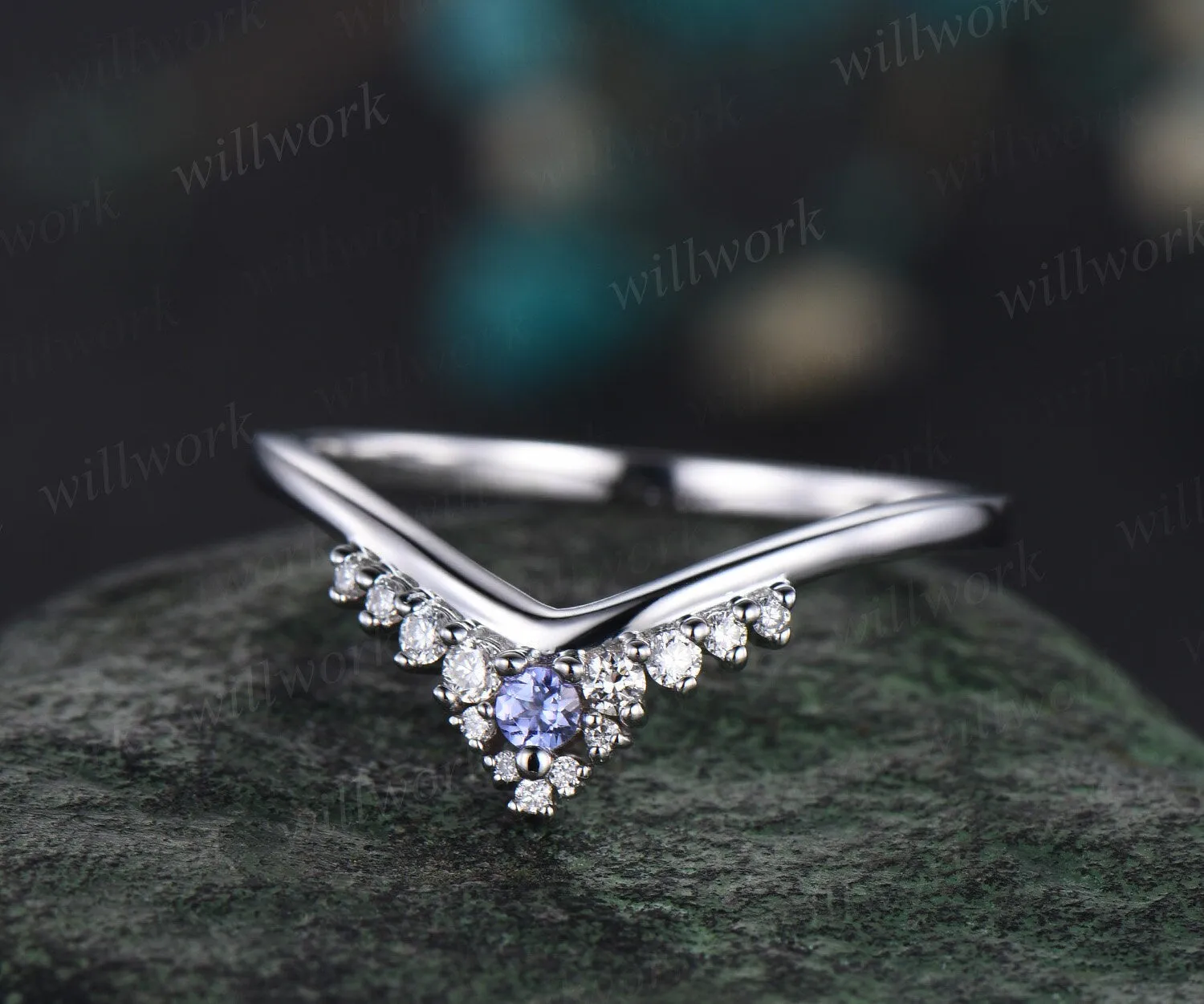 Curved snowdrift Tanzanite diamond wedding band white gold Minimalist moissanite wedding ring band stacking bridal anniversary ring women sold by Willwork Jewelry product image thumbnail 3