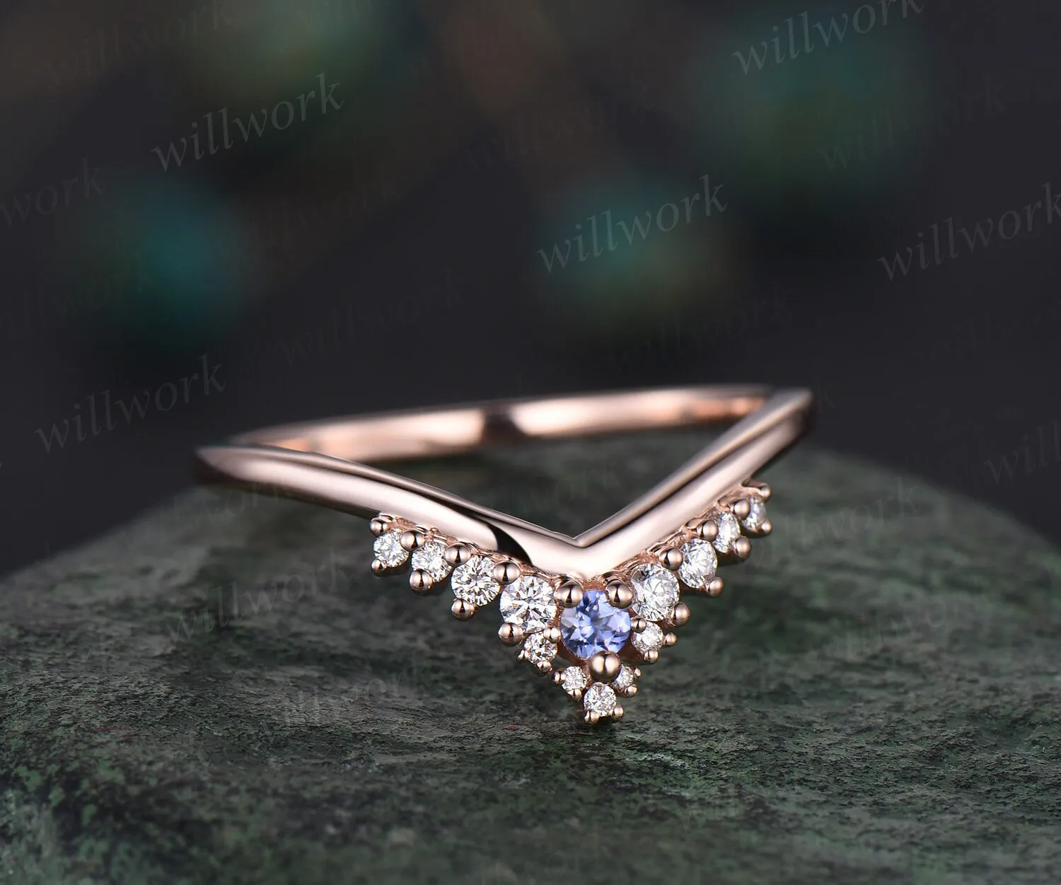 Curved snowdrift Tanzanite diamond wedding band white gold Minimalist moissanite wedding ring band stacking bridal anniversary ring women sold by Willwork Jewelry product image thumbnail 5
