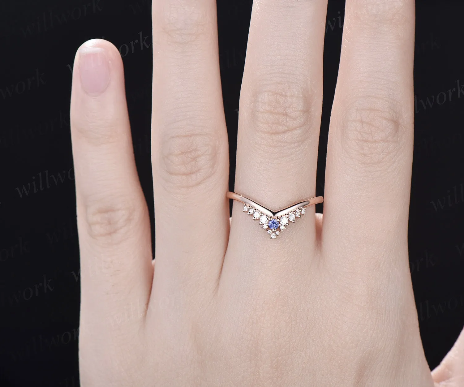 Curved snowdrift Tanzanite diamond wedding band white gold Minimalist moissanite wedding ring band stacking bridal anniversary ring women sold by Willwork Jewelry product image thumbnail 2