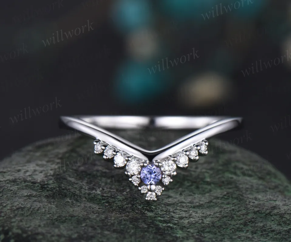 Curved snowdrift Tanzanite diamond wedding band white gold Minimalist moissanite wedding ring band stacking bridal anniversary ring women made by Willwork Jewelry