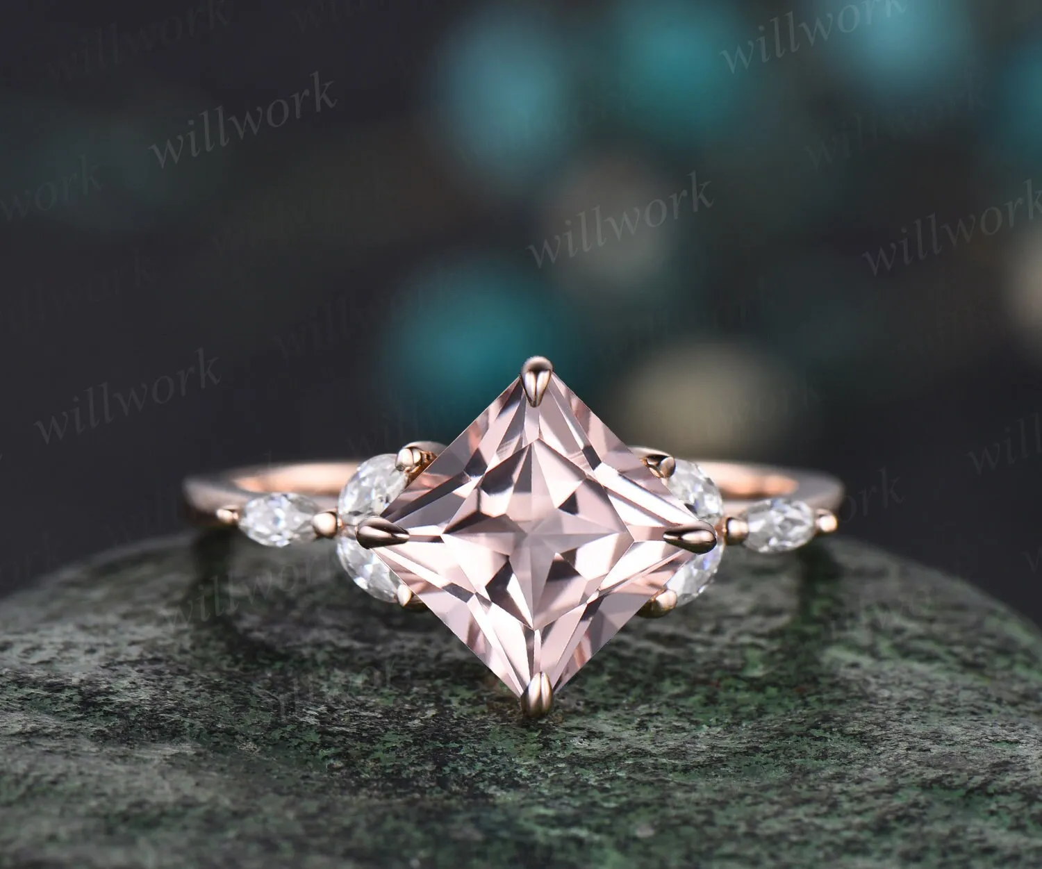 Princess cut morganite engagement ring set solid 14k rose gold cluster marquise cut diamond promise wedding bridal ring set women jewelry sold by Willwork Jewelry product image thumbnail 5