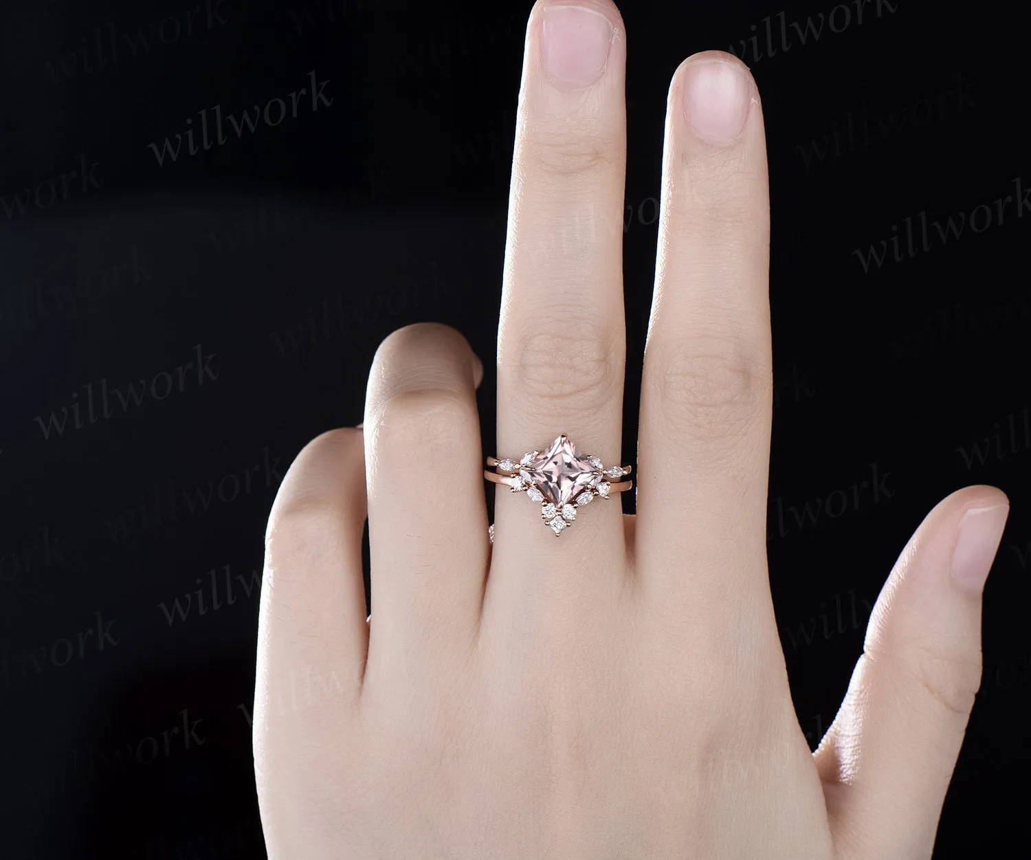 Princess cut morganite engagement ring set solid 14k rose gold cluster marquise cut diamond promise wedding bridal ring set women jewelry sold by Willwork Jewelry product image thumbnail 2