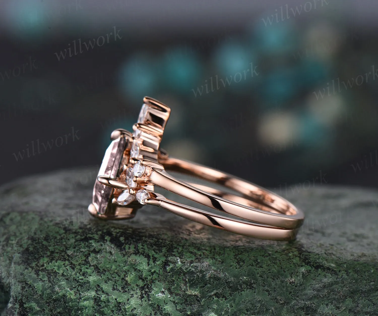 Princess cut morganite engagement ring set solid 14k rose gold cluster marquise cut diamond promise wedding bridal ring set women jewelry sold by Willwork Jewelry product image thumbnail 4