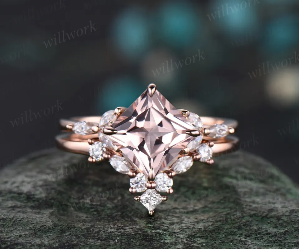 Princess cut morganite engagement ring set solid 14k rose gold cluster marquise cut diamond promise wedding bridal ring set women jewelry made by Willwork Jewelry