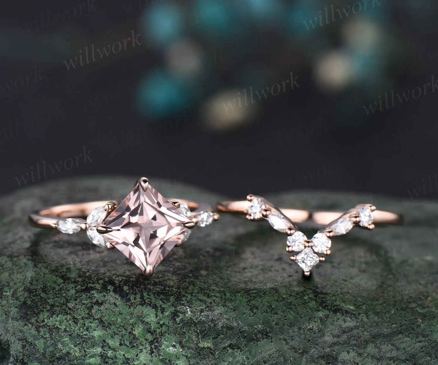 Princess cut morganite engagement ring set solid 14k rose gold cluster marquise cut diamond promise wedding bridal ring set women jewelry sold by Willwork Jewelry product image thumbnail 3