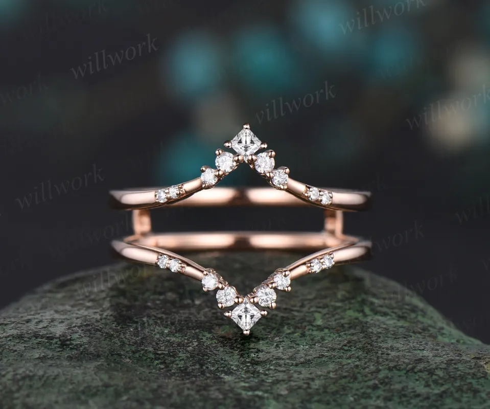 Double V curved diamond wedding band enhancer wraps solid 14k rose gold stacking matching vintage unique bridal anniversary ring women gift sold by Willwork Jewelry