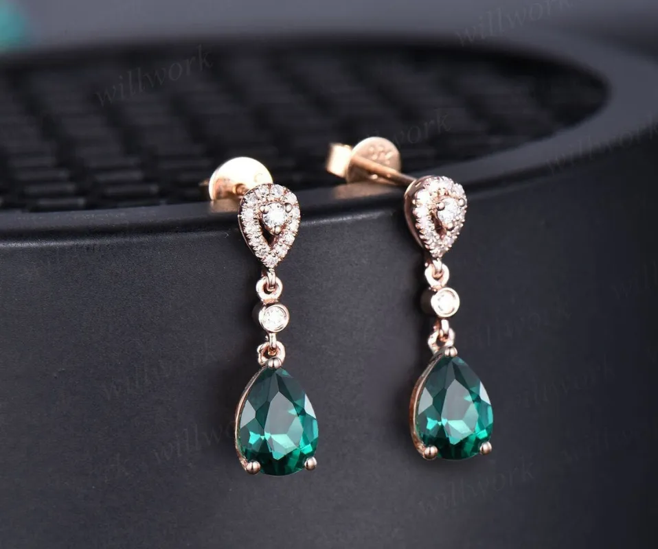 Pear shaped green emerald earrings solid 14k rose gold halo diamond drop earrings women bridal anniversary gift for her jewelry sold by Willwork Jewelry