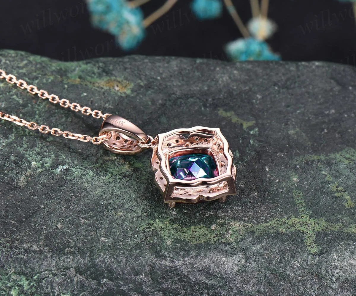 Cushion cut Alexandrite necklace solid 14k 18K rose gold floral halo diamond pendant women antique anniversary gift color change gemstone sold by Willwork Jewelry product image thumbnail 4