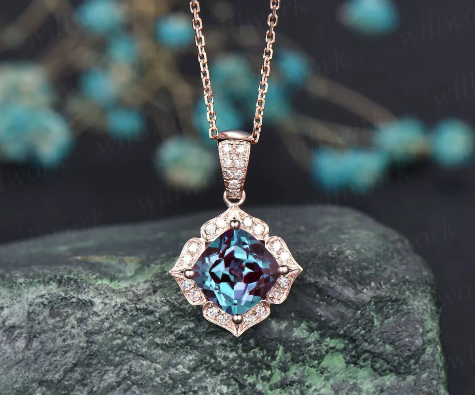 Cushion cut Alexandrite necklace solid 14k 18K rose gold floral halo diamond pendant women antique anniversary gift color change gemstone sold by Willwork Jewelry