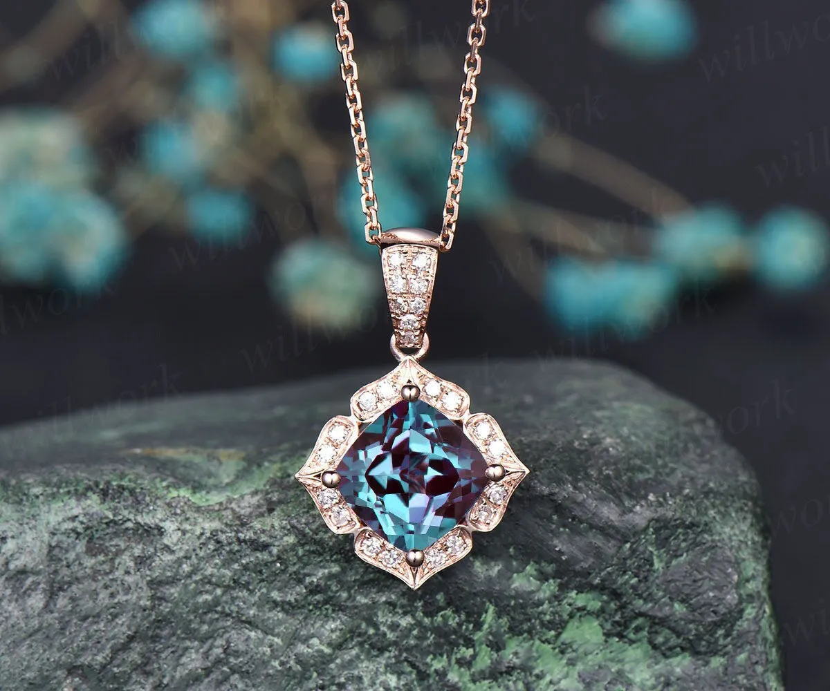 Cushion cut Alexandrite necklace solid 14k 18K rose gold floral halo diamond pendant women antique anniversary gift color change gemstone sold by Willwork Jewelry