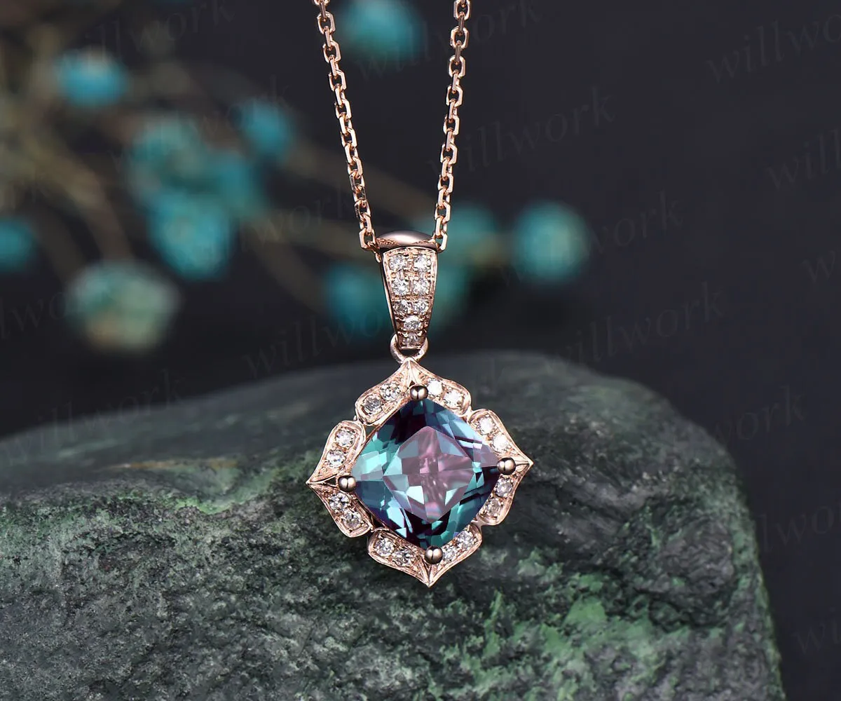 Cushion cut Alexandrite necklace solid 14k 18K rose gold floral halo diamond pendant women antique anniversary gift color change gemstone sold by Willwork Jewelry product image thumbnail 3