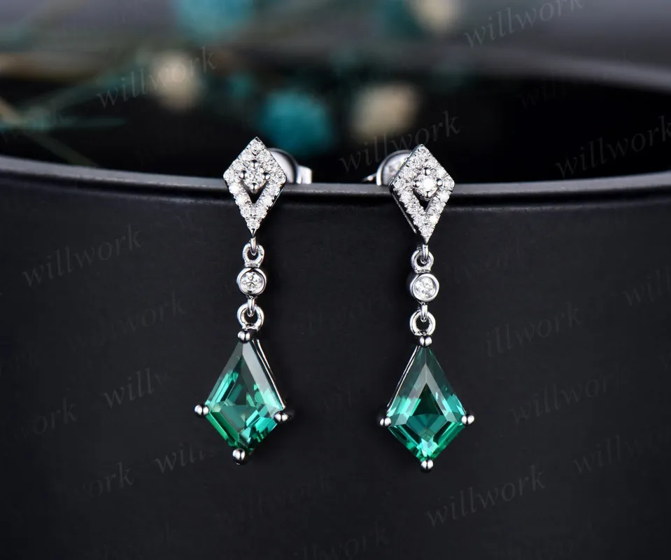 Vintage kite cut green emerald earrings solid 14k white gold halo diamond drop earrings women May birthstone dainty anniversary gift for her made by Willwork Jewelry