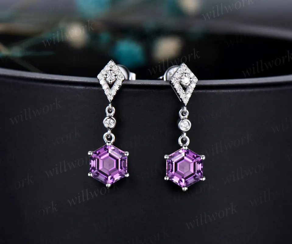 Vintage 1ct hexagon cut amethyst earrings women solid 14k white gold kite halo diamond drop earrings anniversary gift for her sold by Willwork Jewelry
