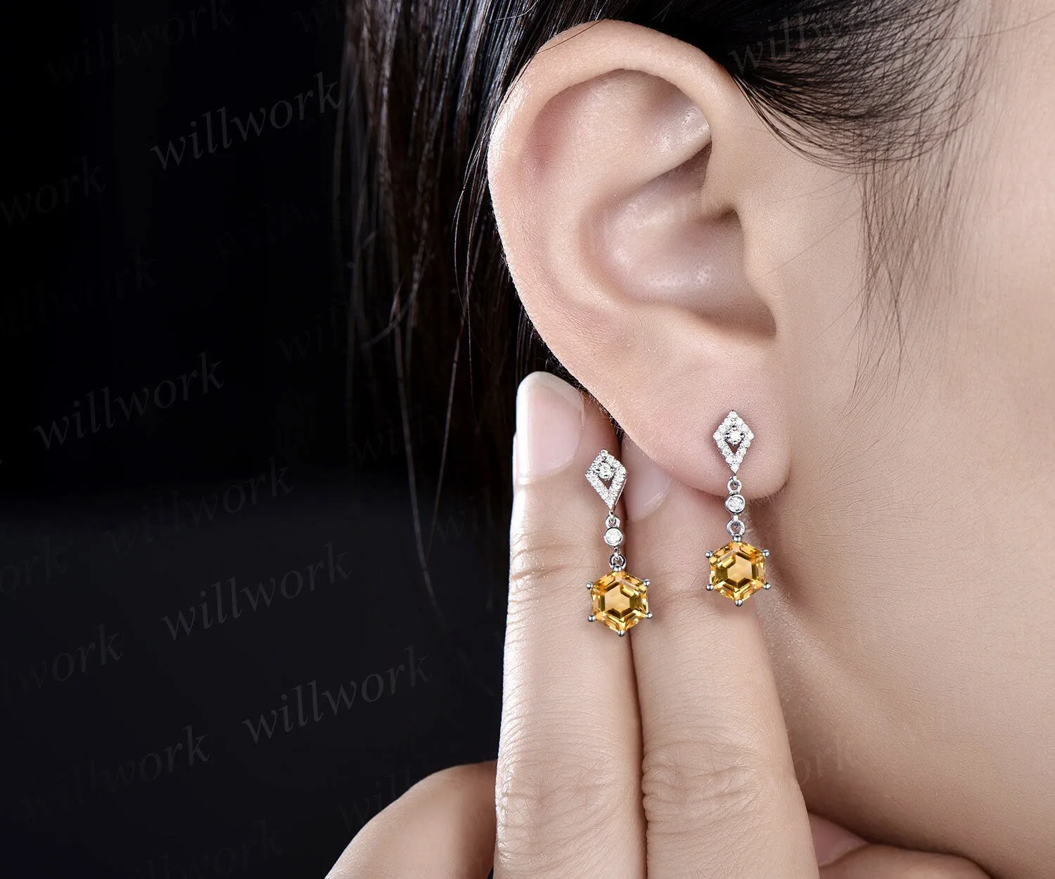 Vintage hexagon cut citrine earrings women solid 14k yellow gold kite halo diamond drop earrings Crystal gemstone anniversary gift for her sold by Willwork Jewelry product image thumbnail 2