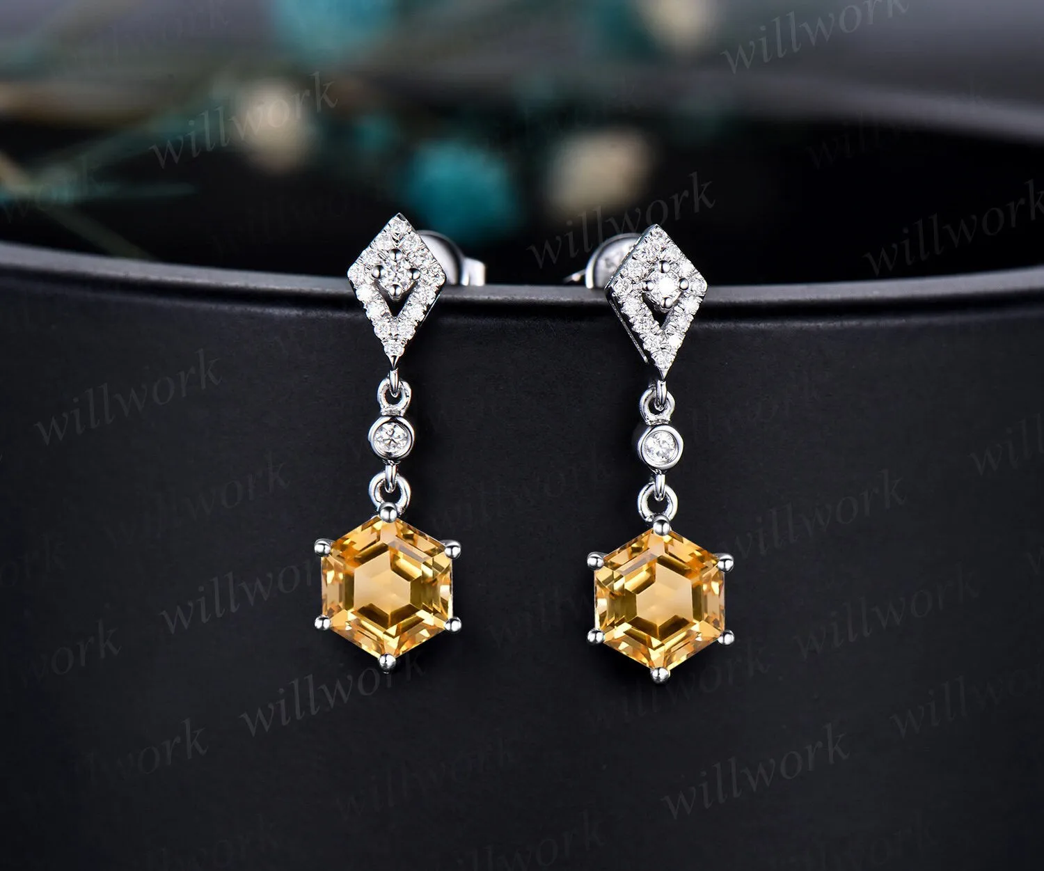 Vintage hexagon cut citrine earrings women solid 14k yellow gold kite halo diamond drop earrings Crystal gemstone anniversary gift for her sold by Willwork Jewelry product image thumbnail 4