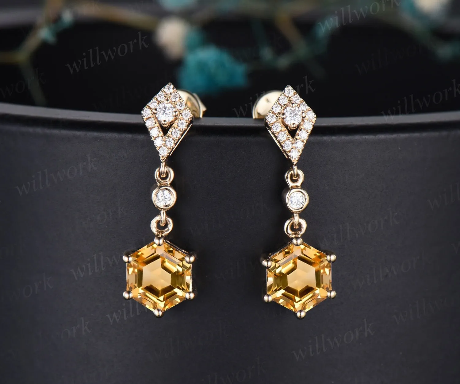 Vintage hexagon cut citrine earrings women solid 14k yellow gold kite halo diamond drop earrings Crystal gemstone anniversary gift for her sold by Willwork Jewelry