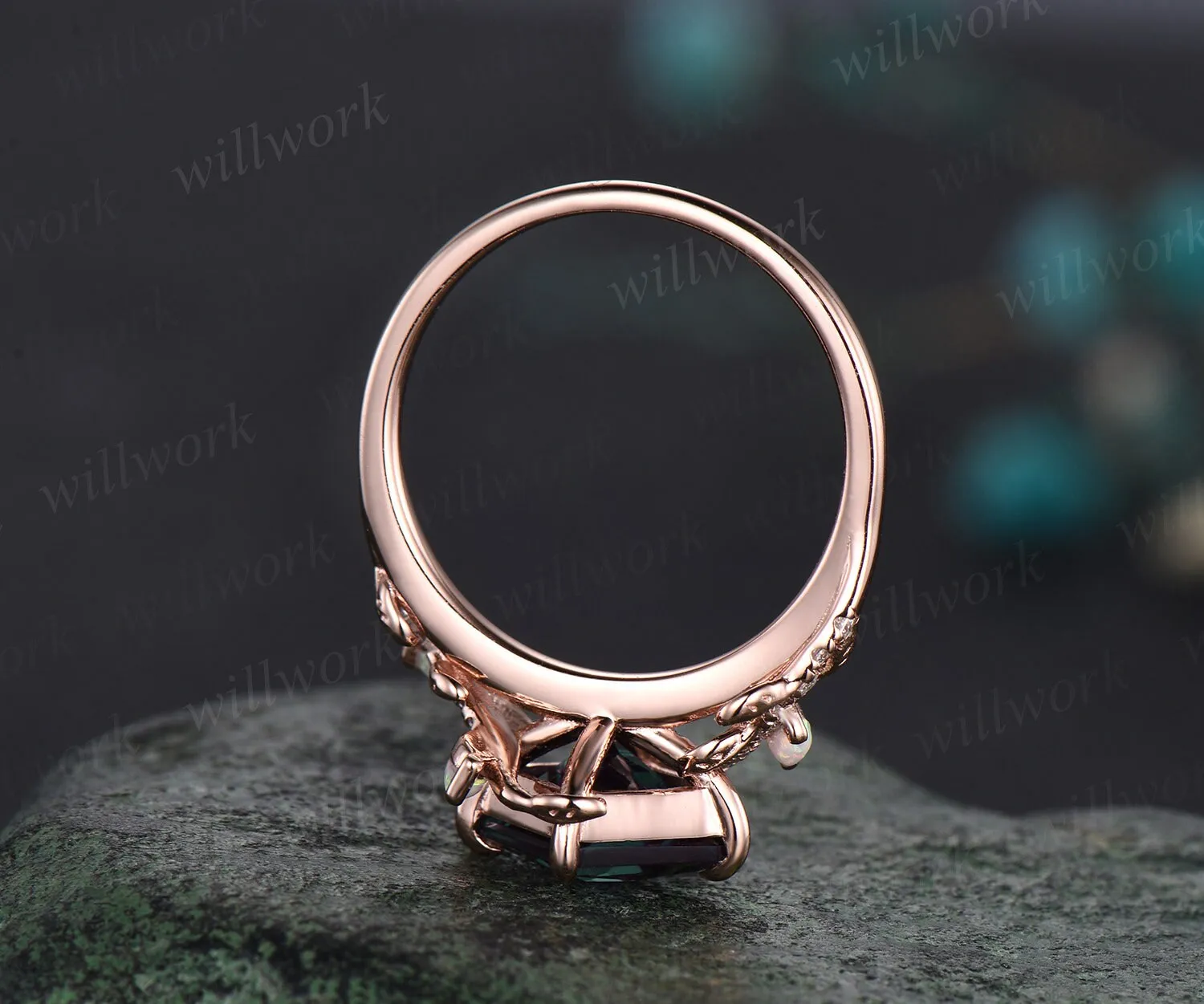 Vintage princess cut alexandrite engagement ring rose gold nature inspired branch half eternity diamond opal anniversary ring women gift sold by Willwork Jewelry product image thumbnail 5