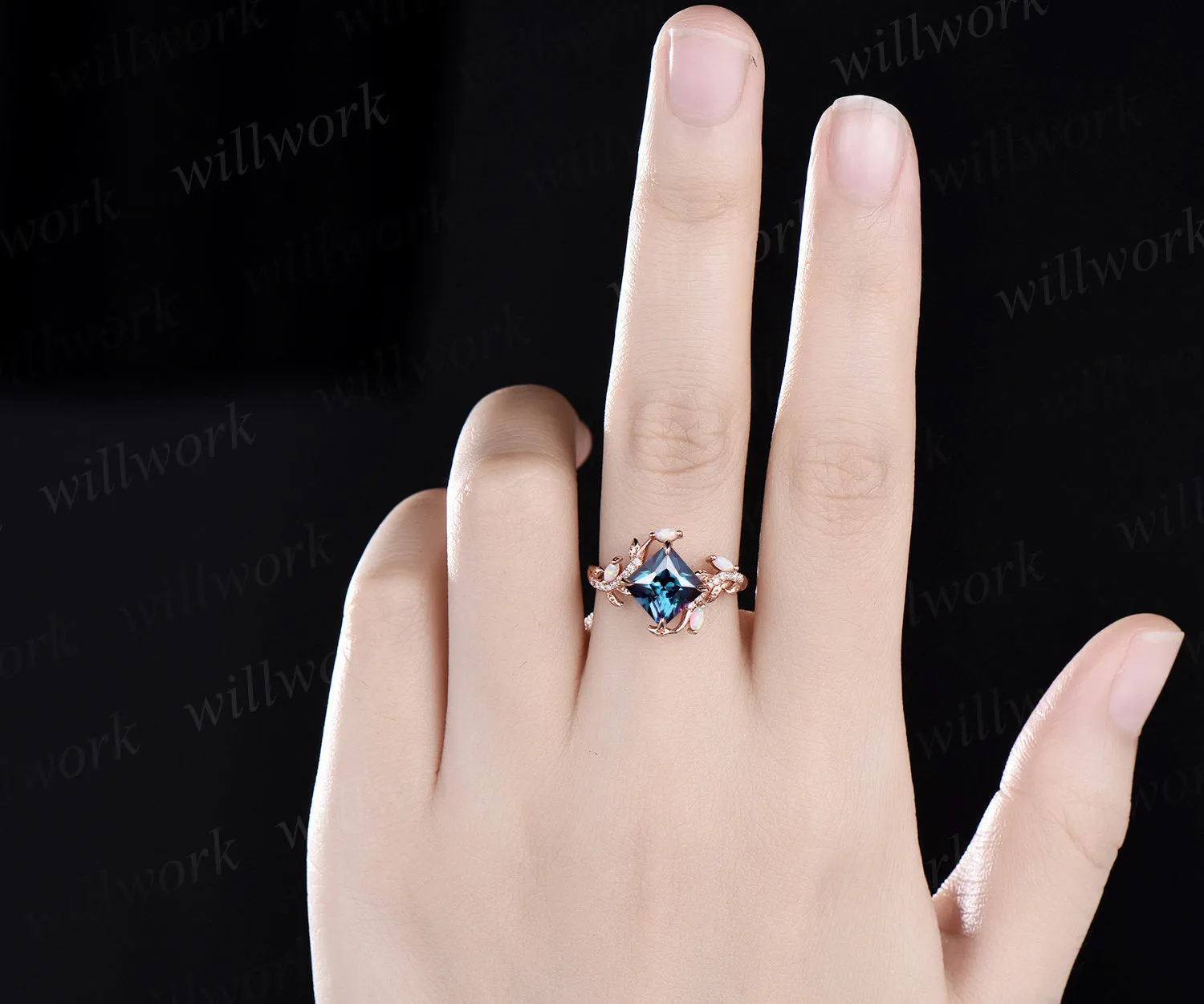 Vintage princess cut alexandrite engagement ring rose gold nature inspired branch half eternity diamond opal anniversary ring women gift sold by Willwork Jewelry product image thumbnail 2