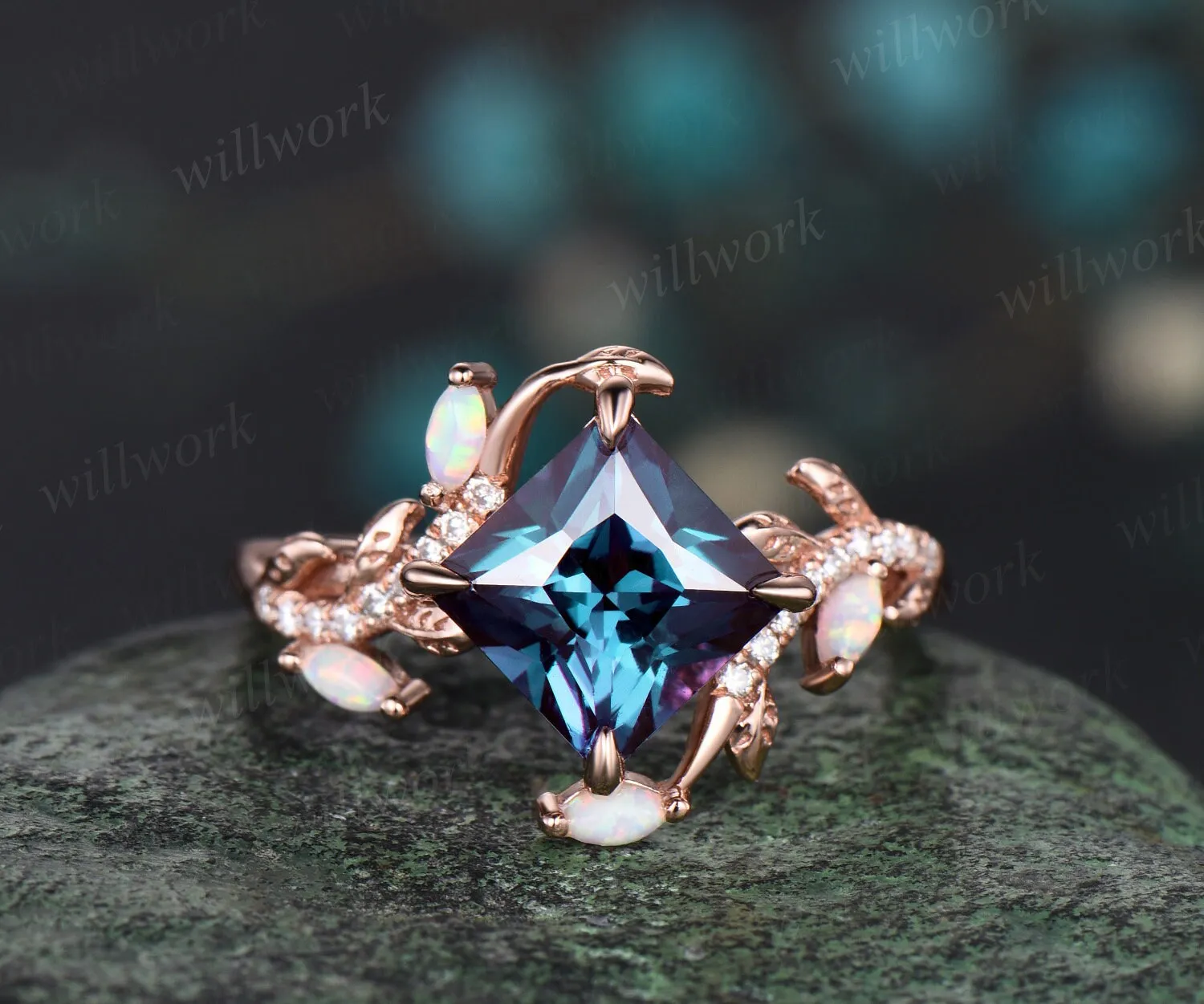 Vintage princess cut alexandrite engagement ring rose gold nature inspired branch half eternity diamond opal anniversary ring women gift sold by Willwork Jewelry product image thumbnail 3